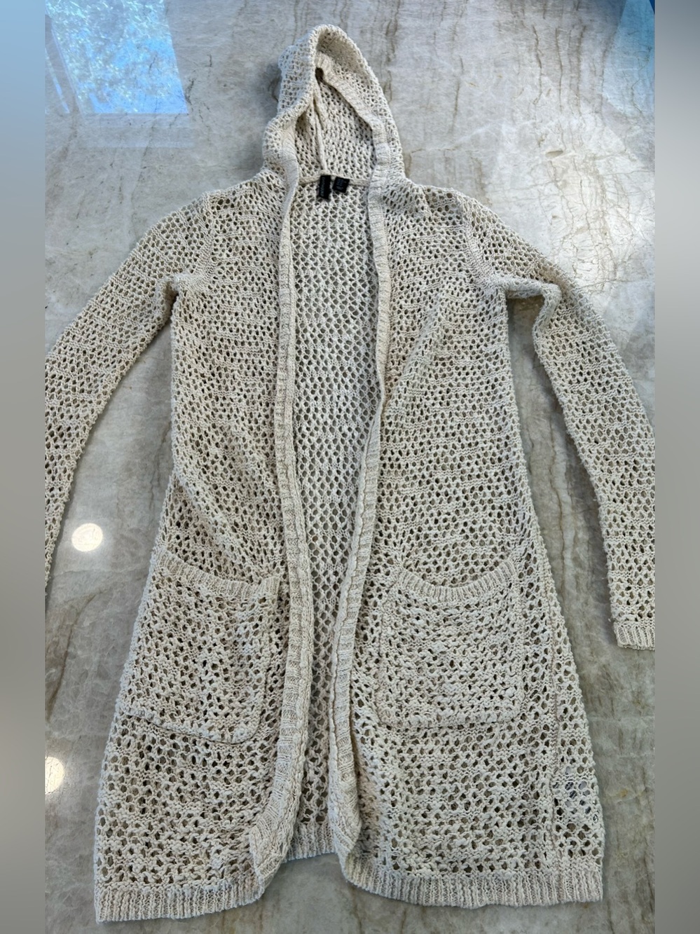 Cynthia Rowley Cotton Linen Open Knit Hooded Cardigan XS Cream Boho